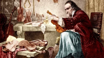 Гравюра Виктора Боброва, изображающая Антонио Страдивари, рассматривающего инструмент (1860–1870 гг.).