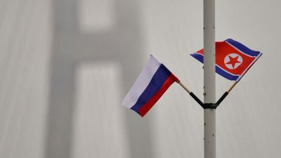 Государственные флаги РФ и КНДР на флагштоке