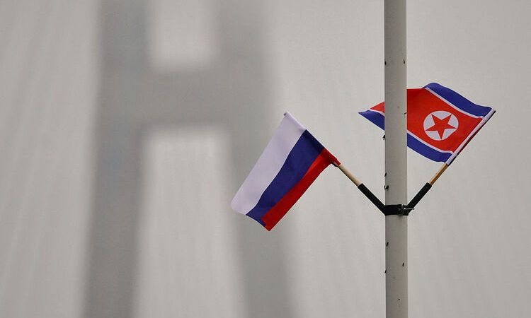 КНДР недовольна: Россия превратила в долгострой свою половину моста через реку Туманная Государственные флаги РФ и КНДР на флагштоке