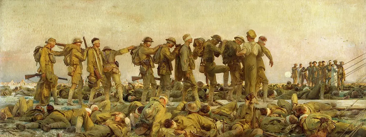«Отравленные газом», 1919, Джон Сингер Сарджент. Первая мировая война, которую называли войной, призванной положить конец всем войнам, принесла резкие изменения в искусство и поэзию. Имперский военный музей, Лондон.