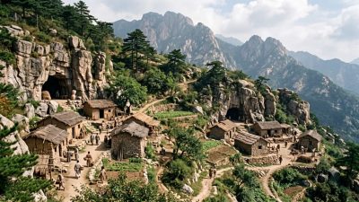 Древняя горная деревня с каменными домами и пещерами в скалах