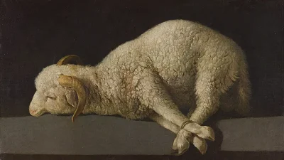 Agnus Dei, 1635–1640, Франсиско де Сурбаран. Холст, масло; 37,5 × 61,1 см. Национальный музей Прадо, Мадрид.