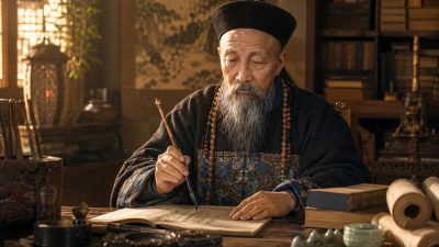 Пожилой мудрец пишет каллиграфию кистью