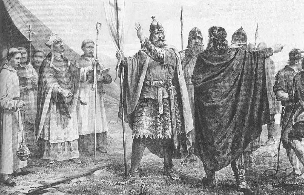 Олаф Трюггвасон прибывает в Норвегию. По мотивам рисунка Питера Николая Арбо.