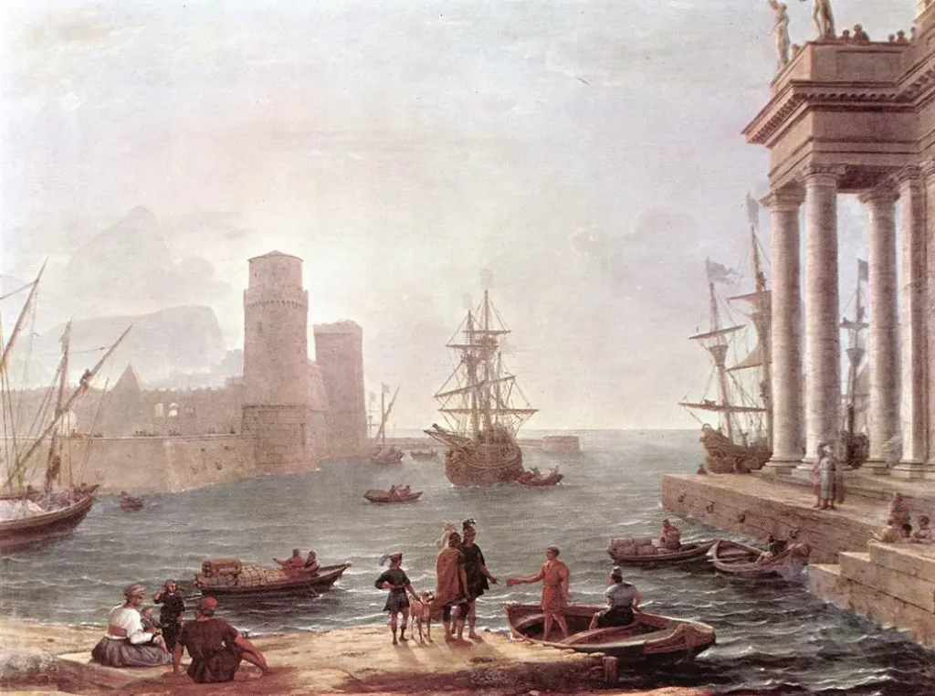 «Портовая сцена с отплытием Одиссея из страны феакийцев», 1646 год, Клод Лоррен. Лувр, Париж.