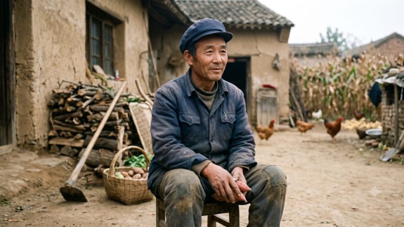 Связь с приёмной дочерью крепче кровных уз: доброта, жертвенность и новая жизнь Пожилой мужчина в синей куртке сидит во дворе деревенского дома