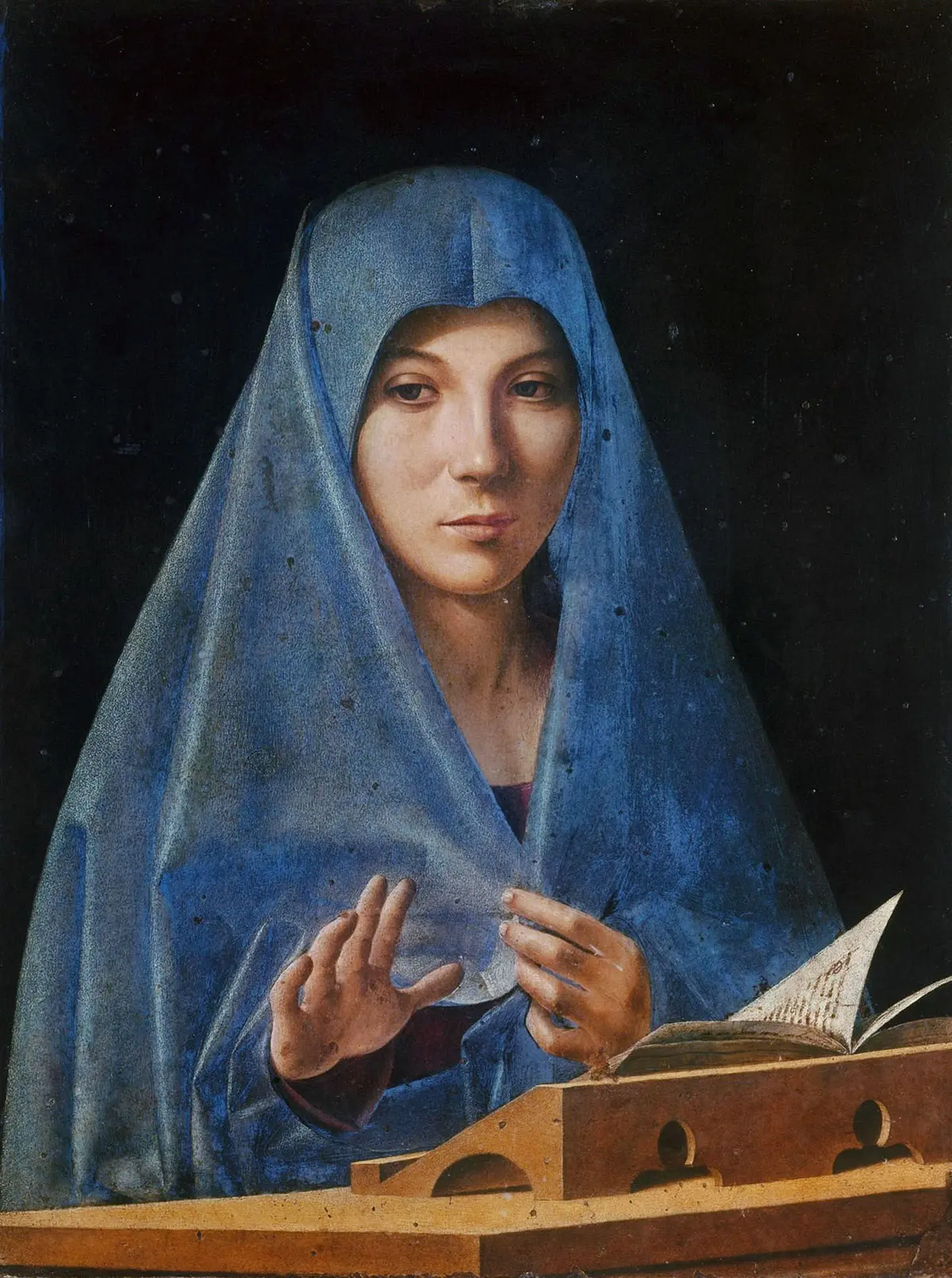 «Благовещение Девы Марии», 1475–1476 гг., Антонелло да Мессина. Масло на панели; 45 см на 34,5 см. Региональная галерея Сицилии, Палермо, Италия.