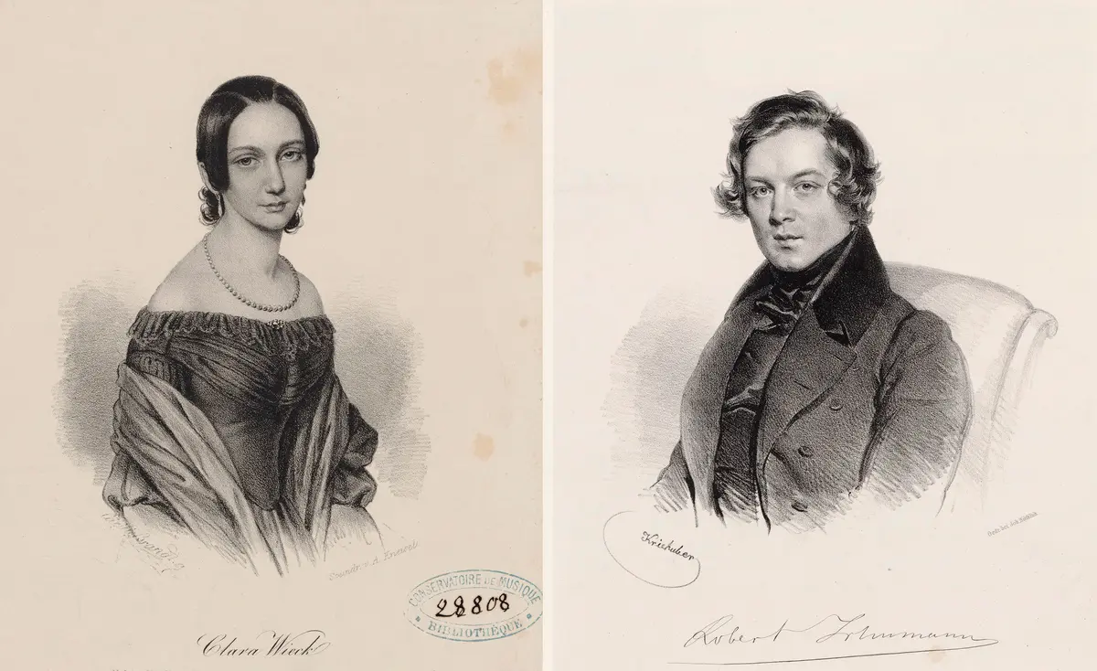 (Слева) Портрет Клары Вик, 1838, кисти Сесилии Брандт. Национальная библиотека Франции, Париж. (Справа) Портрет Роберта Шумана, 1839, кисти Йозефа Крихубера. Цифровая библиотека «Галлика».