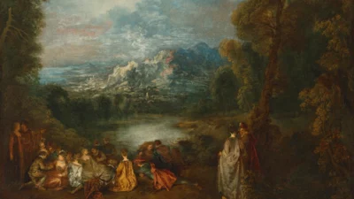 Фрагмент картины «Зачарованный остров» (L'Île enchantée), приблизительно начало XVIII века, Антуана Ватто. Масло, холст.