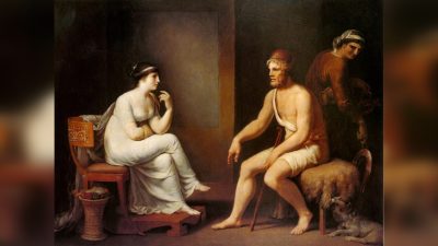 Пенелопа допрашивает Одиссея, чтобы установить его личность, 1802 г., автор — Иоганн Генрих Вильгельм Тишбейн.