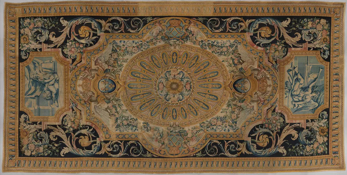 «Ковёр № 38 из Большой галереи (Слава и мужество)», около 1675 г., мануфактура Савоннери. Шерсть, петлевой и стриженый ворс; 4,6 × 9,1 м. Метрополитен-музей, Нью-Йорк.