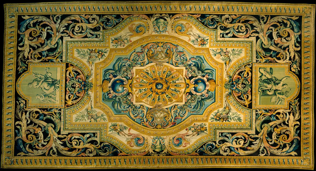 «Ковёр № 11 из Большой галереи (Музыка)», 1688 г., мануфактура Савоннери. Шерсть, петлевой и стриженый ворс; 9 × 4,9 м. Метрополитен-музей, Нью-Йорк.