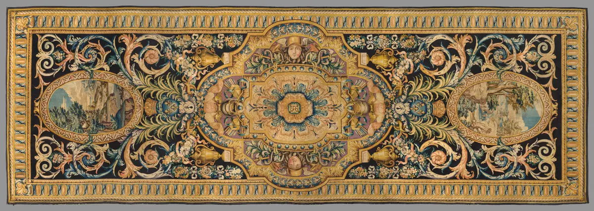 «Ковёр № 73 из Большой галереи (Пейзажи)», 1680 г., мануфактура Савоннери. Шерсть, петлевой и стриженый ворс; 9 × 3,2 м. Метрополитен-музей, Нью-Йорк.